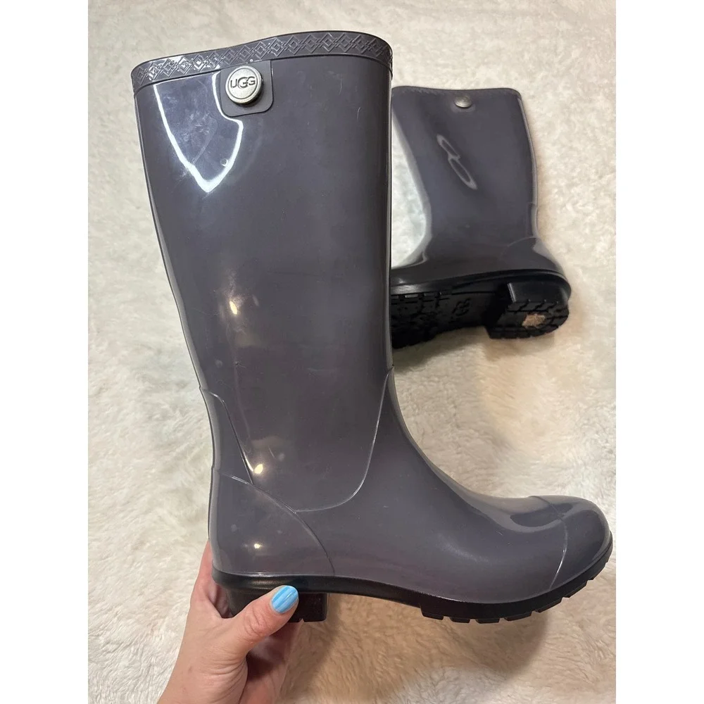 UGG Sienna Rain Boots Women Grey Good Waterproof Glossy Sherpa Lined